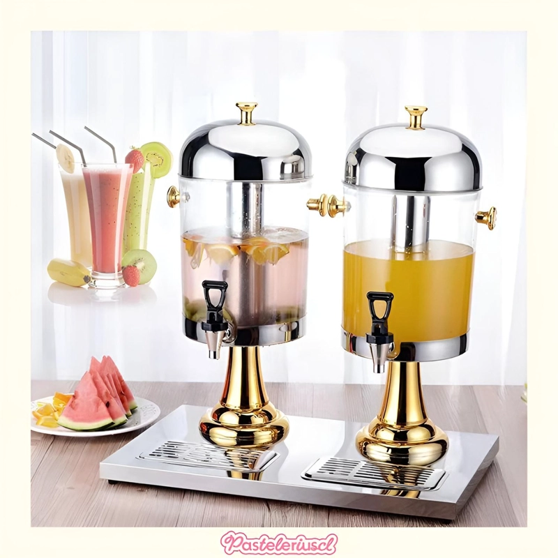 DISPENSADORES DOBLES DE BEBIDAS CON SOPORTE DISPENSADOR 4.5L PLATEADO CON DORADO - 6