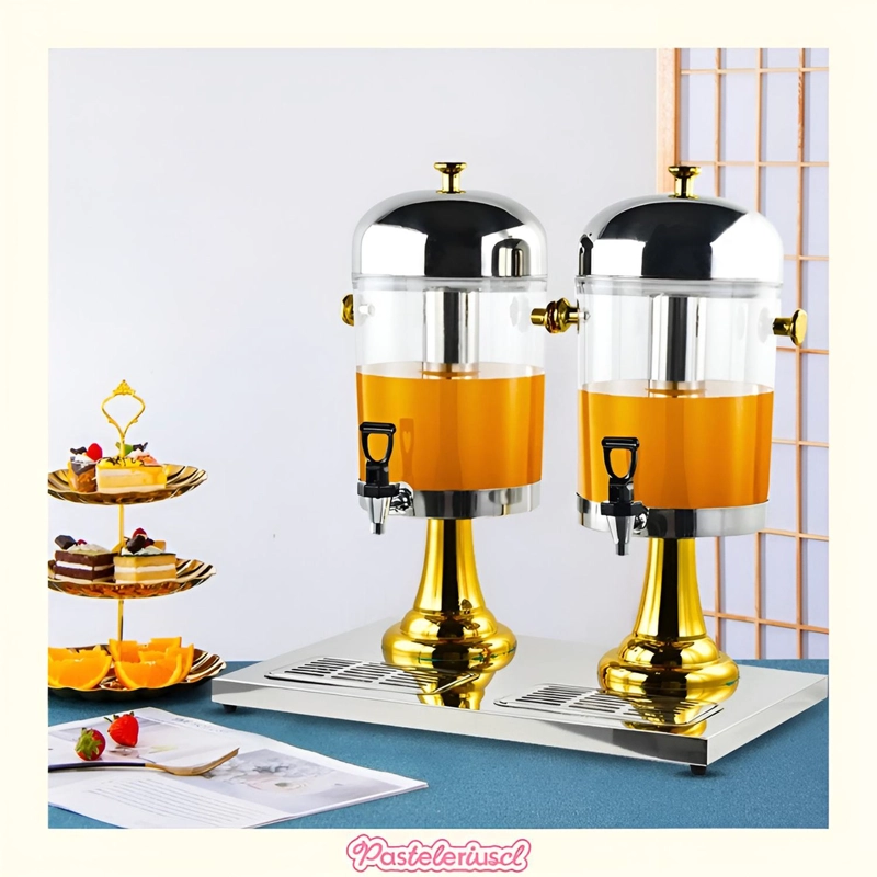 DISPENSADORES DOBLES DE BEBIDAS CON SOPORTE DISPENSADOR 4.5L PLATEADO CON DORADO - 8