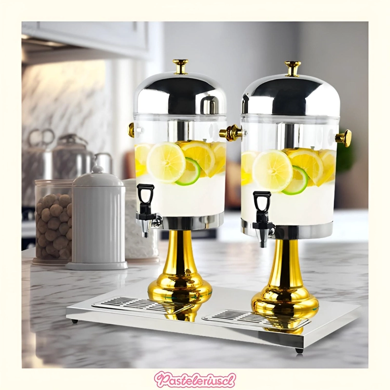 DISPENSADORES DOBLES DE BEBIDAS CON SOPORTE DISPENSADOR 4.5L PLATEADO CON DORADO - 9