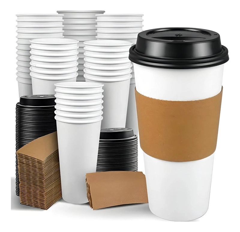 200 VASOS DE CAFE VASOS VASO CON TAPA Y MANGA 16OZ 200UNID VASO POLIPAPEL 16OZ - 1