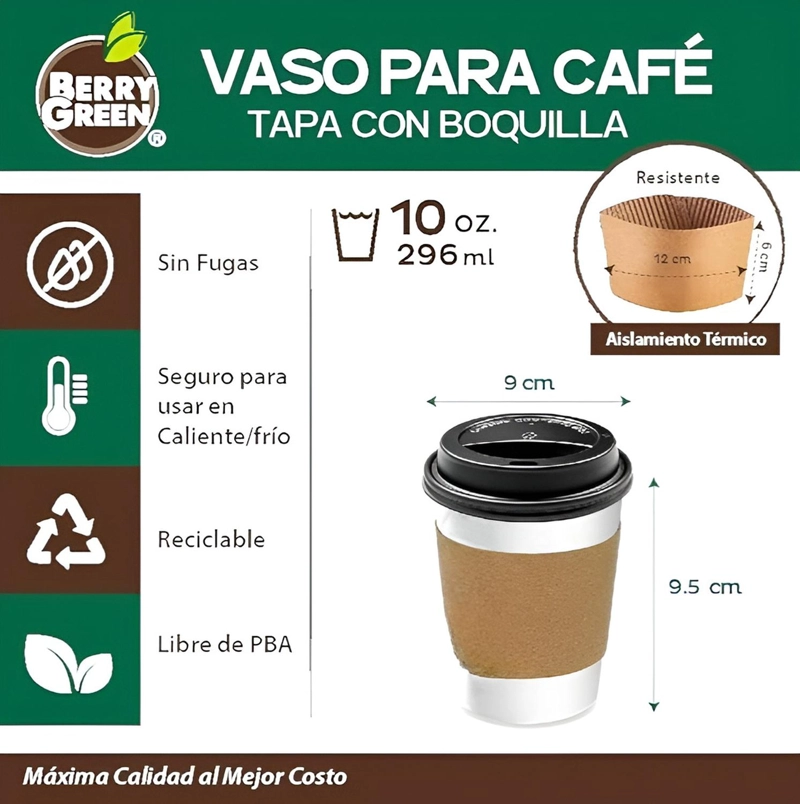 150 VASOS PARA CAFE VASOS POLIPAPEL C/TAPA+MANGA 10OZ/ 296ML VASOS DESECHABLES CAFE  VASOS PARA CAFE - 3