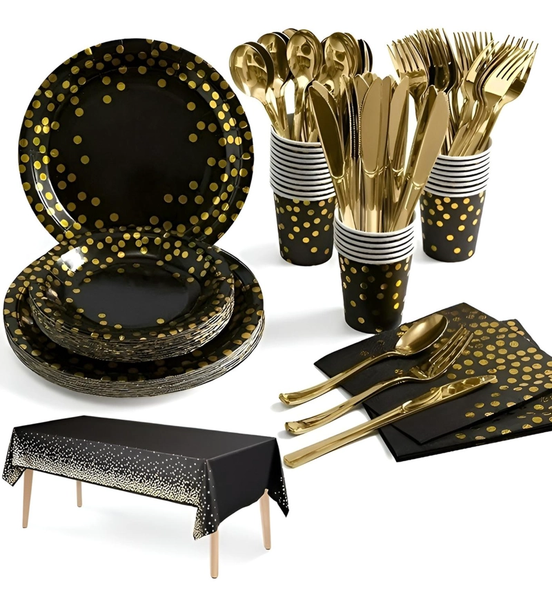 X110 KIT CUMPLEAÑOS VASOS PLATOS SERVILLETAS DESECHABLES (NEGRO/ LUNARES DORADO) - 1
