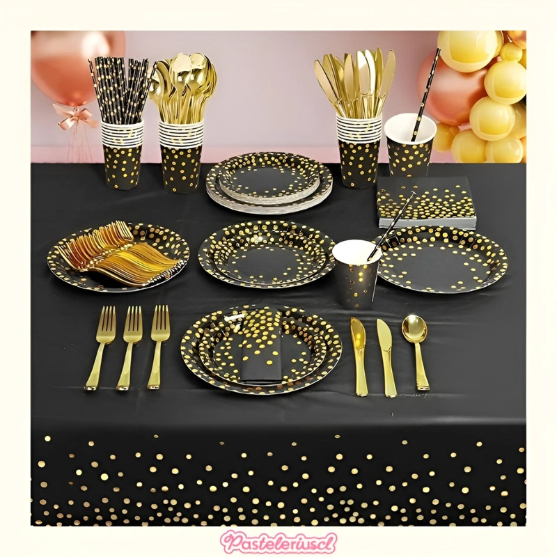 X110 KIT CUMPLEAÑOS VASOS PLATOS SERVILLETAS DESECHABLES (NEGRO/ LUNARES DORADO) - 2