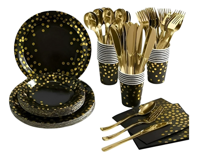 X110 KIT CUMPLEAÑOS VASOS PLATOS SERVILLETAS DESECHABLES (NEGRO/ LUNARES DORADO) - 4