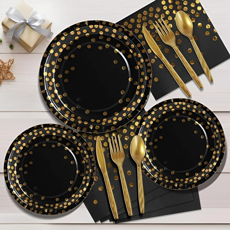 X110 KIT CUMPLEAÑOS VASOS PLATOS SERVILLETAS DESECHABLES (NEGRO/ LUNARES DORADO) - 9