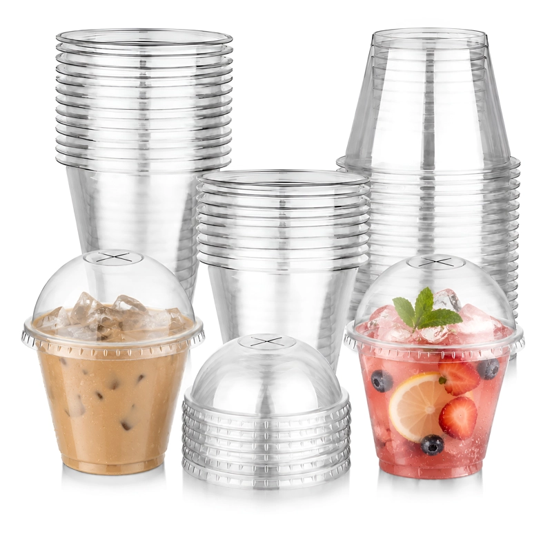 X50 VASOS PLASTICOS DESECHABLES VASO TAPA DOMO CON HOYO 9OZ VASOS DE POSTRE CON TAPAS DE CUPULA - 1