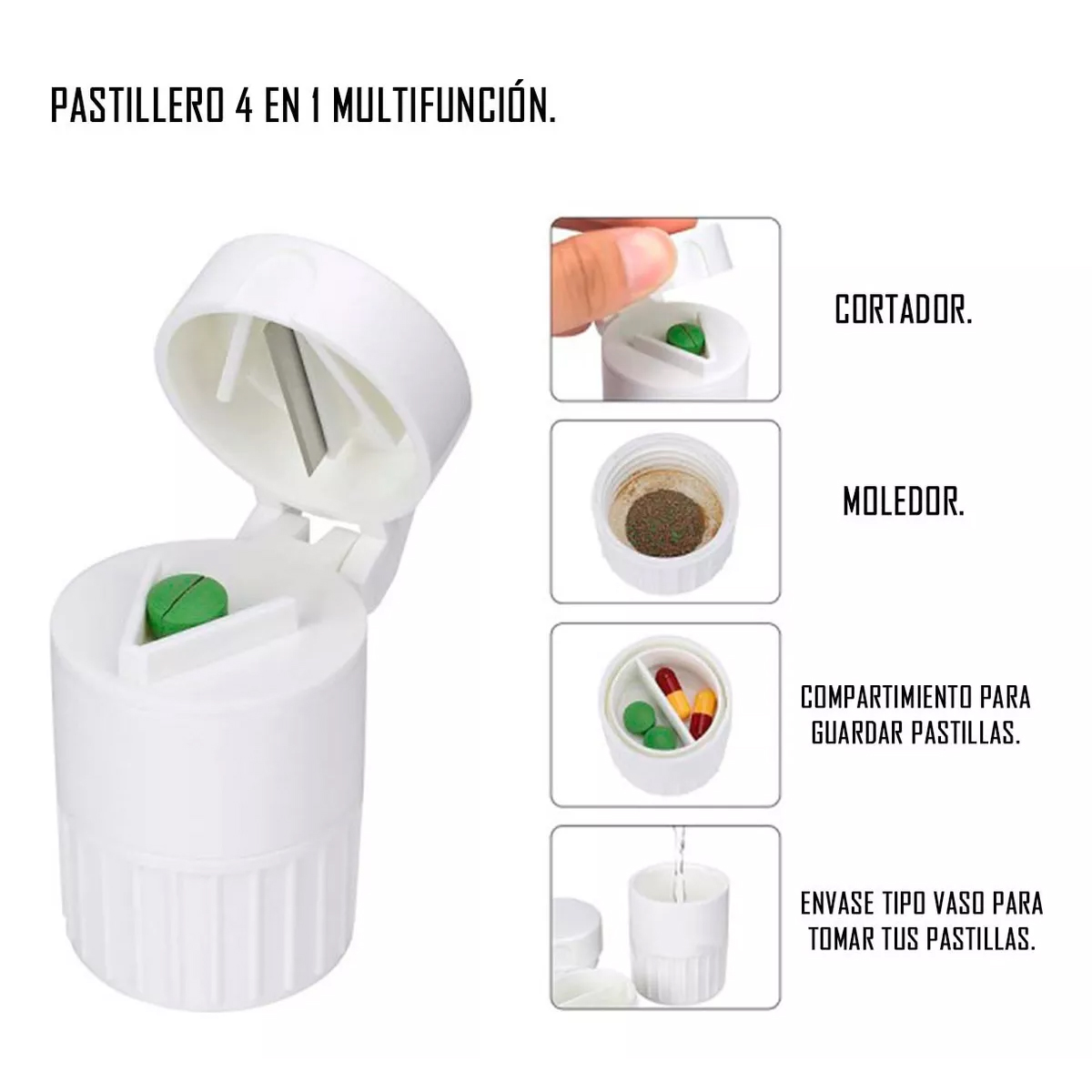 PASTILLERO CONTENEDOR CORTADOR Y MOLEDOR PORTATIL 4 EN 1 - 2