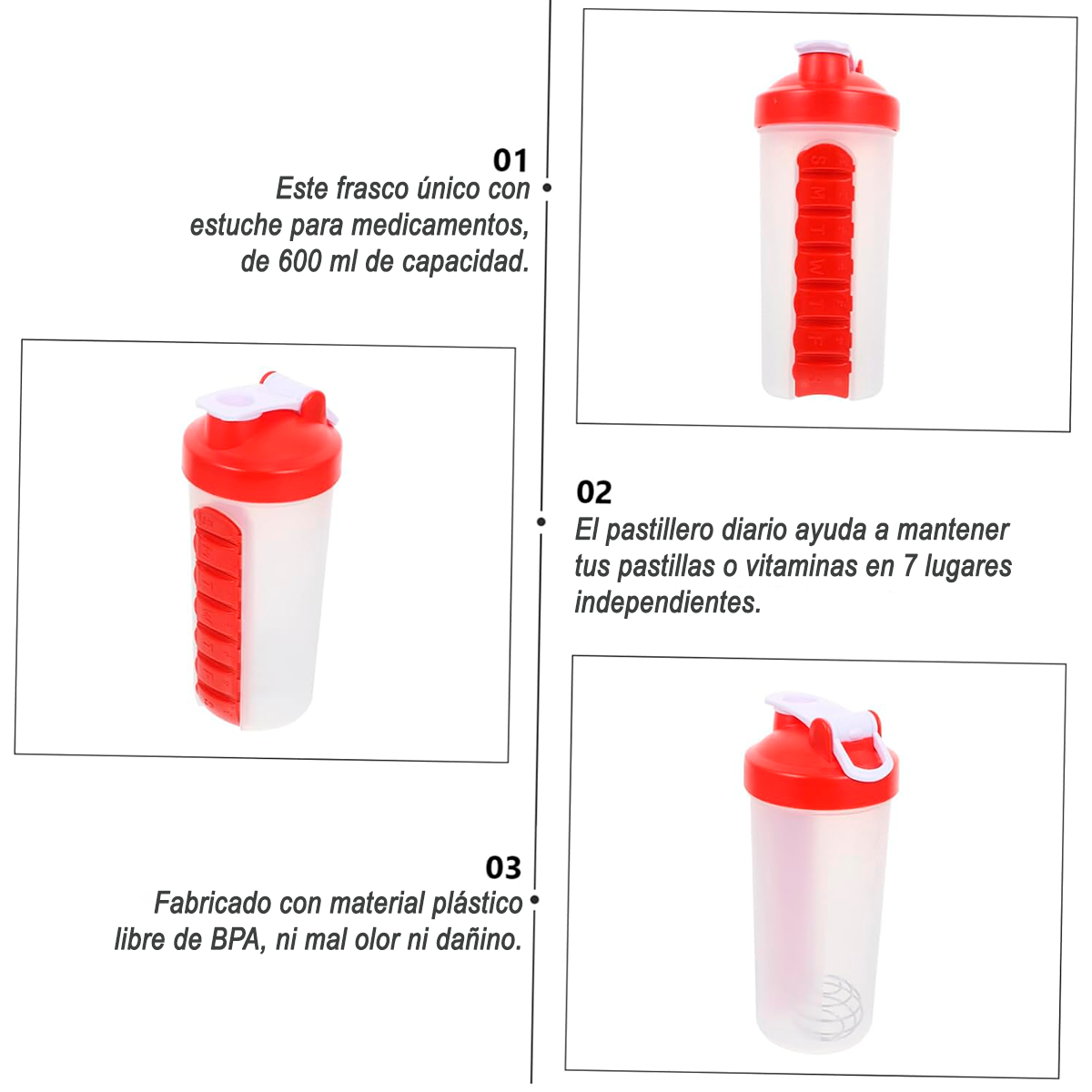 BOTELLA DE AGUA 600ML + PASTILLERO ORGANIZADOR SEMANAL ROJO - 2