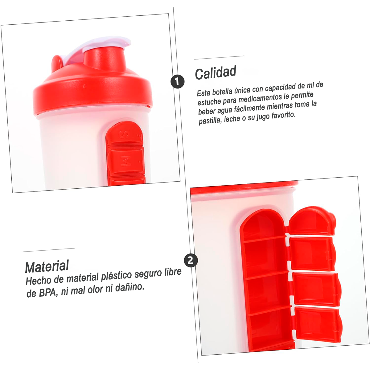 BOTELLA DE AGUA 600ML + PASTILLERO ORGANIZADOR SEMANAL ROJO - 5