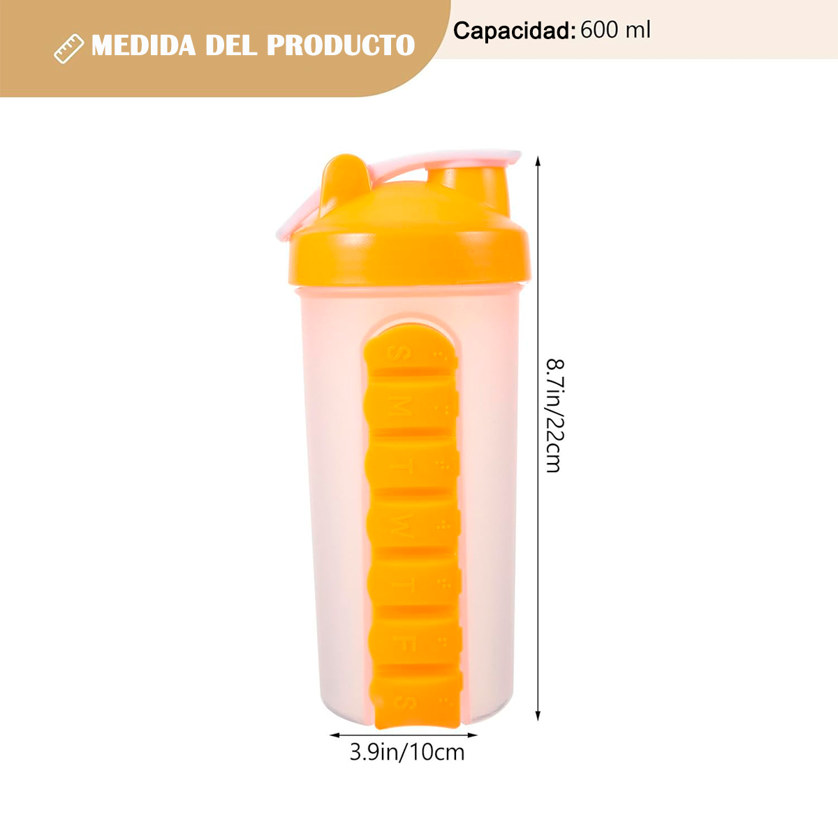 BOTELLA DE AGUA 600ML + PASTILLERO ORGANIZADOR SEMANAL AMARILLO - 2