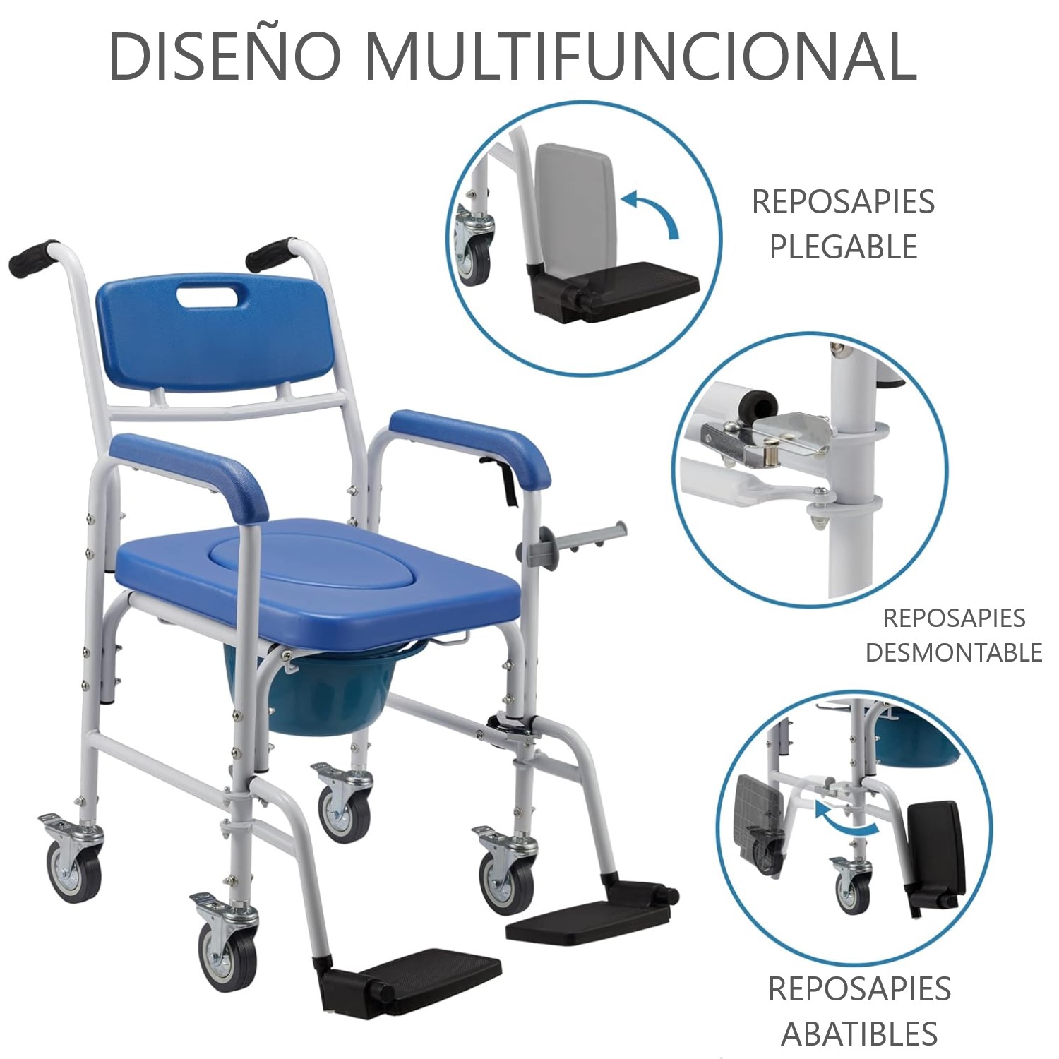 BAÑO INODORO 7002C ALUMINIO CON RUEDAS ASIENTO ACOLCHADO REPOSAPIE - 2