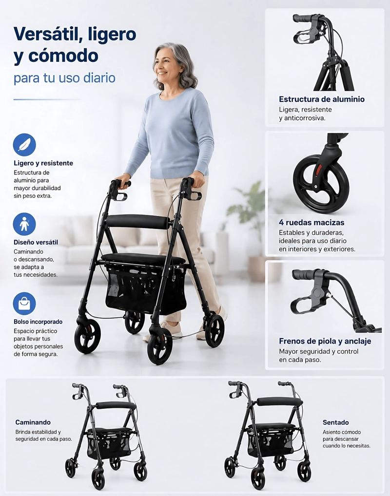 ANDADOR 1004D 4 RUEDAS CON ASIENTO Y CANASTO ALUMINIO LIVIANO - 6
