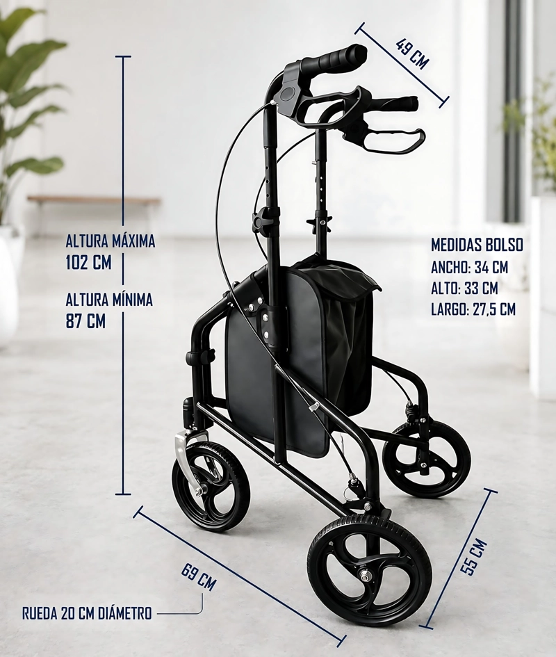 ANDADOR BURRITO ROLLATOR 3 RUEDAS CON BOLSO PLEGABLE ONEDER - 2