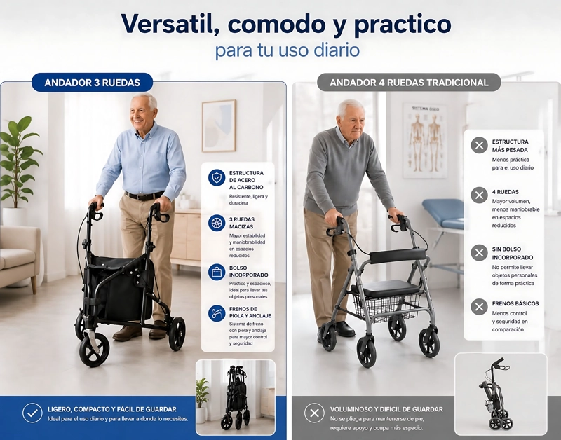 ANDADOR BURRITO ROLLATOR 3 RUEDAS CON BOLSO PLEGABLE ONEDER - 3