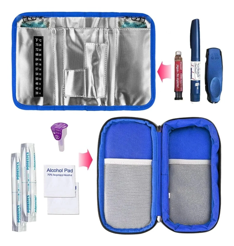 BOLSO ESTUCHE PORTA INSULINA REFRIGERANTE PORTATIL DE VIAJE TELA AZUL - 4