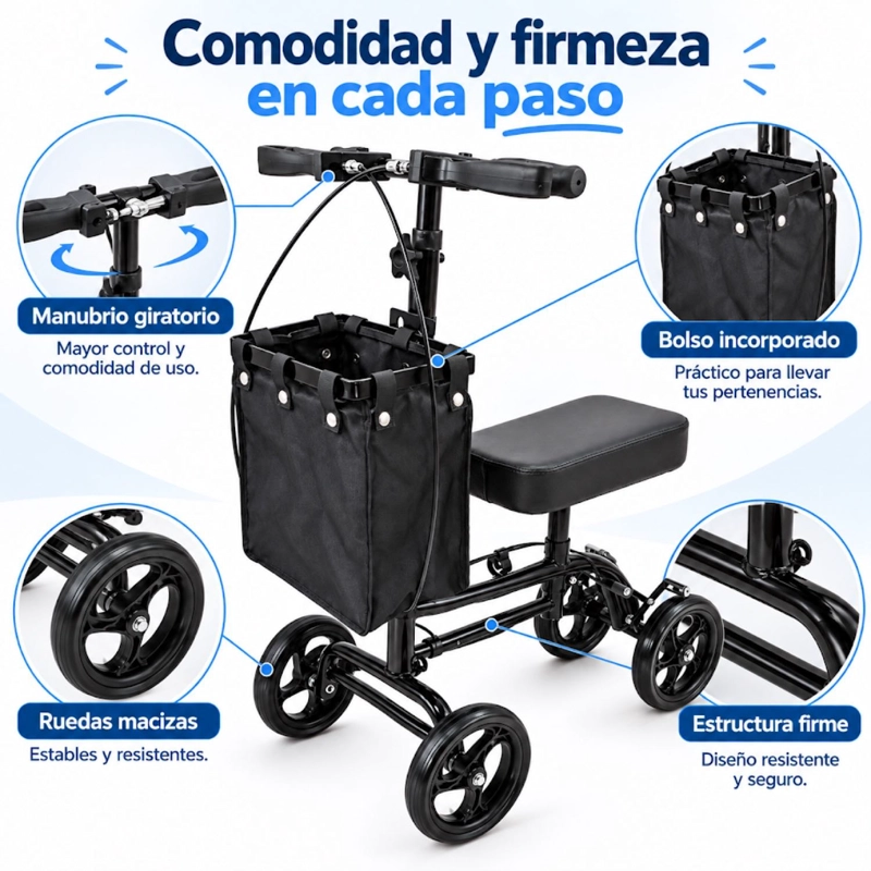 ANDADOR DE RODILLA SCOOTER ORTOPEDICO PLEGABLE CON FRENO DE MANO Y BOLSO NEGRO 9007AB - 2