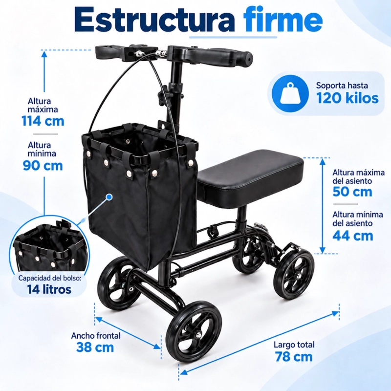 ANDADOR DE RODILLA SCOOTER ORTOPEDICO PLEGABLE CON FRENO DE MANO Y BOLSO NEGRO 9007AB - 3