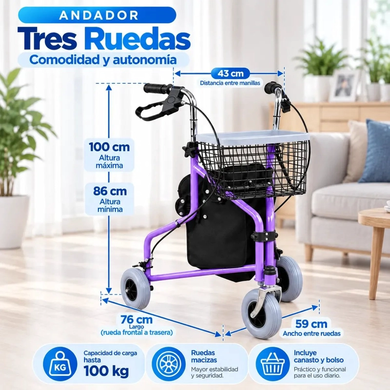 ANDADOR BURRITO ORTOPEDICO 3 RUEDAS PLEGABLE CON CANASTO BOLSO Y FRENOS LILA 5003A - 4