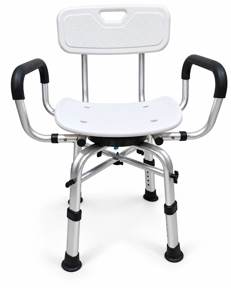 SILLA DE DUCHA GIRATORIA ADULTO MAYOR DE ALUMINIO CON RESPALDO Y APOYABRAZOS 130 KG BLANCA 483A - 1