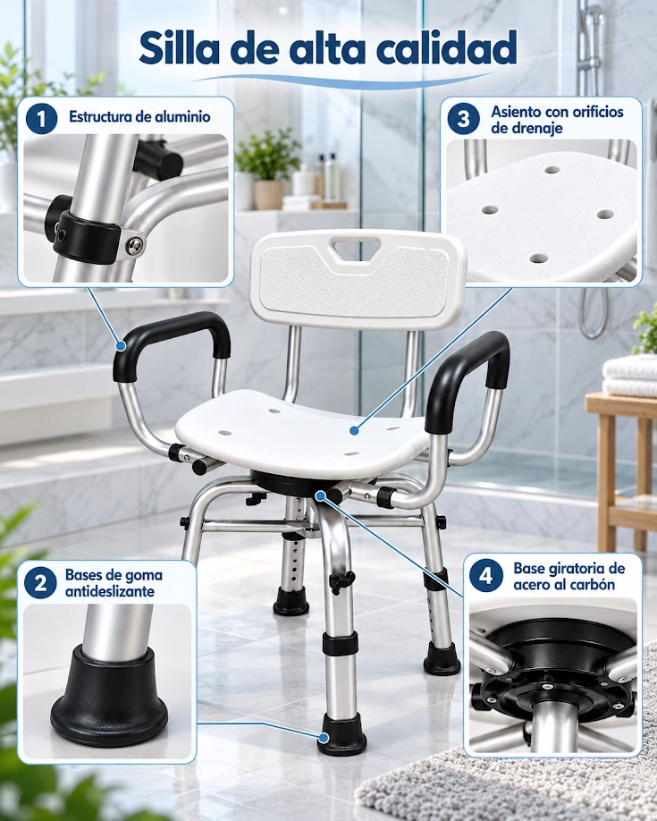 SILLA DE DUCHA GIRATORIA ADULTO MAYOR DE ALUMINIO CON RESPALDO Y APOYABRAZOS 130 KG BLANCA 483A - 3