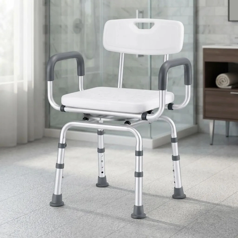 SILLA DE DUCHA GIRATORIA ADULTO MAYOR DE ALUMINIO CON RESPALDO Y APOYABRAZOS 130 KG BLANCA 483A - 7