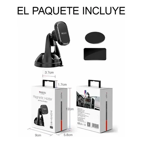 SOPORTE CELULAR AUTO MAGNETICO YESIDO C72 CON VENTOSA ROTACION 360 NEGRO - 5