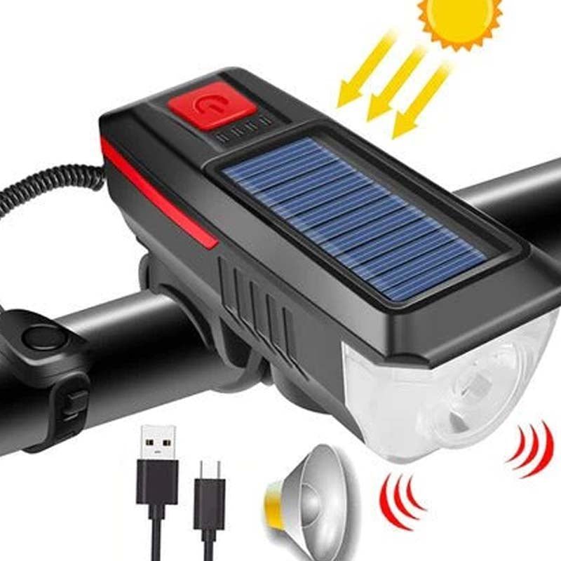 LUZ LED DELANTERA PARA BICICLETA SOLAR RECARGABLE CON BOCINA - 2