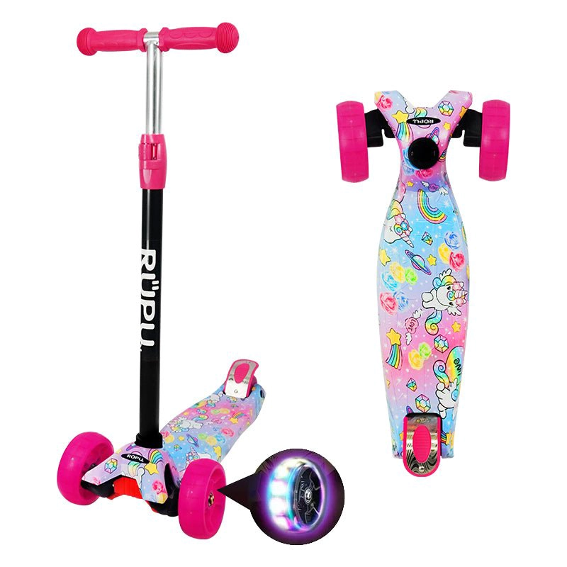 SCOOTER MONOPATIN RUPU FLORES MORADAS NIÑAS REGULABLE RUEDA LED - 1