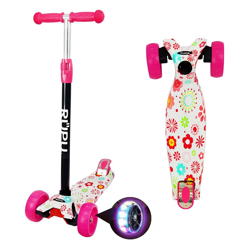 SCOOTER MONOPATIN RUPU FLORES MORADAS NIÑAS REGULABLE RUEDA LED - 1