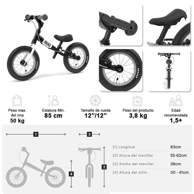 BICICLETA APRENDIZAJE SIN PEDALES YEDOO POLICE ARO 12 NIÑOS - 3