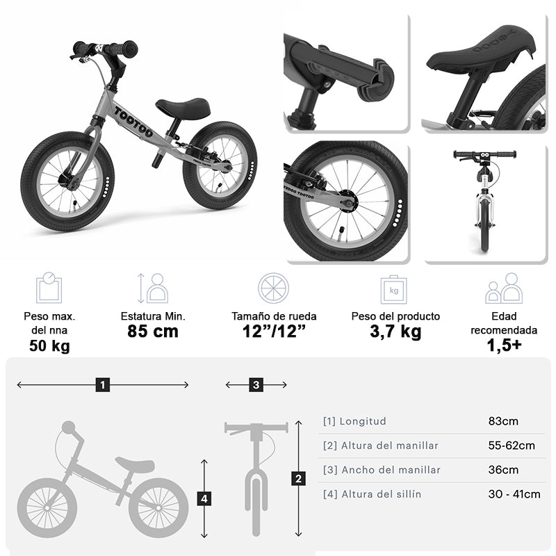 BICICLETA APRENDIZAJE SIN PEDALES YEDOO TOOTOO 13109 WHITE ARO 12 NIÑOS - 4