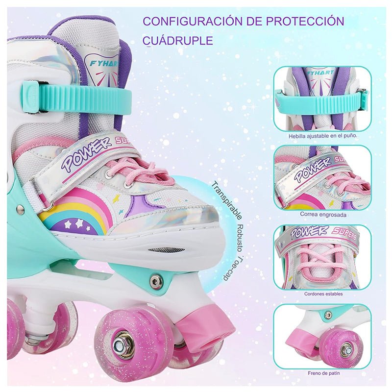 PATINES 4 RUEDAS LED AJUSTABLE NIÑAS ARCOIRIS TURQUESA - 4
