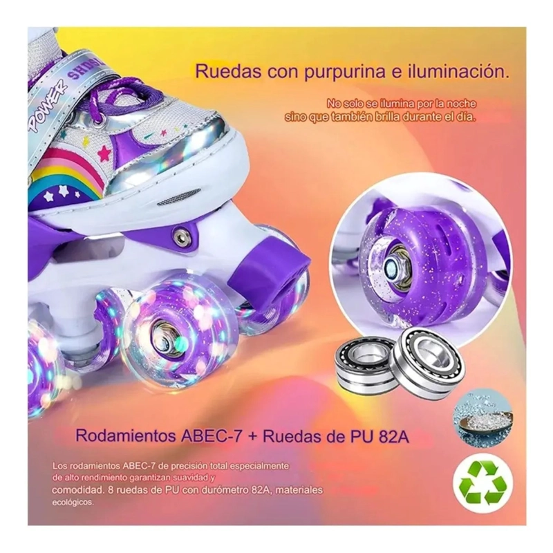 PATINES 4 RUEDAS LED AJUSTABLE PARA NIÑAS ARCOIRIS MORADO - 6