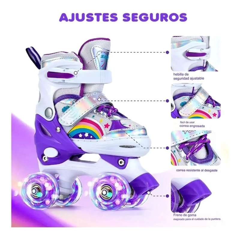 PATINES 4 RUEDAS LED AJUSTABLE PARA NIÑAS ARCOIRIS MORADO - 7