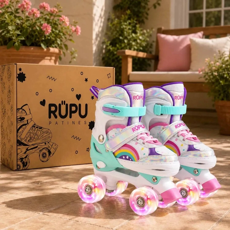 PATINES 4 RUEDAS LED AJUSTABLE PARA NIÑAS ARCOIRIS TURQUEZA - 3