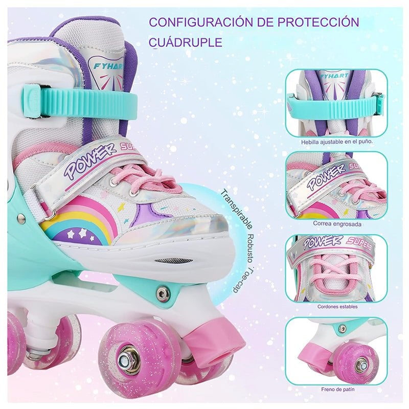 PATINES 4 RUEDAS LED AJUSTABLE NIÑAS ARCOIRIS TURQUESA - 4