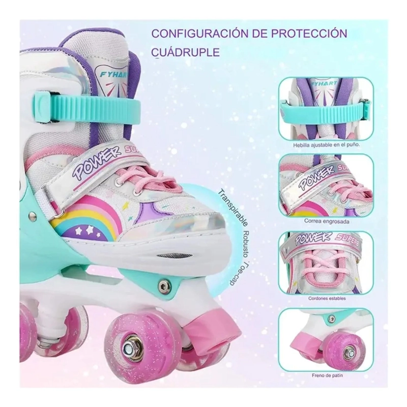 PATINES 4 RUEDAS LED AJUSTABLE PARA NIÑAS ARCOIRIS TURQUEZA - 5