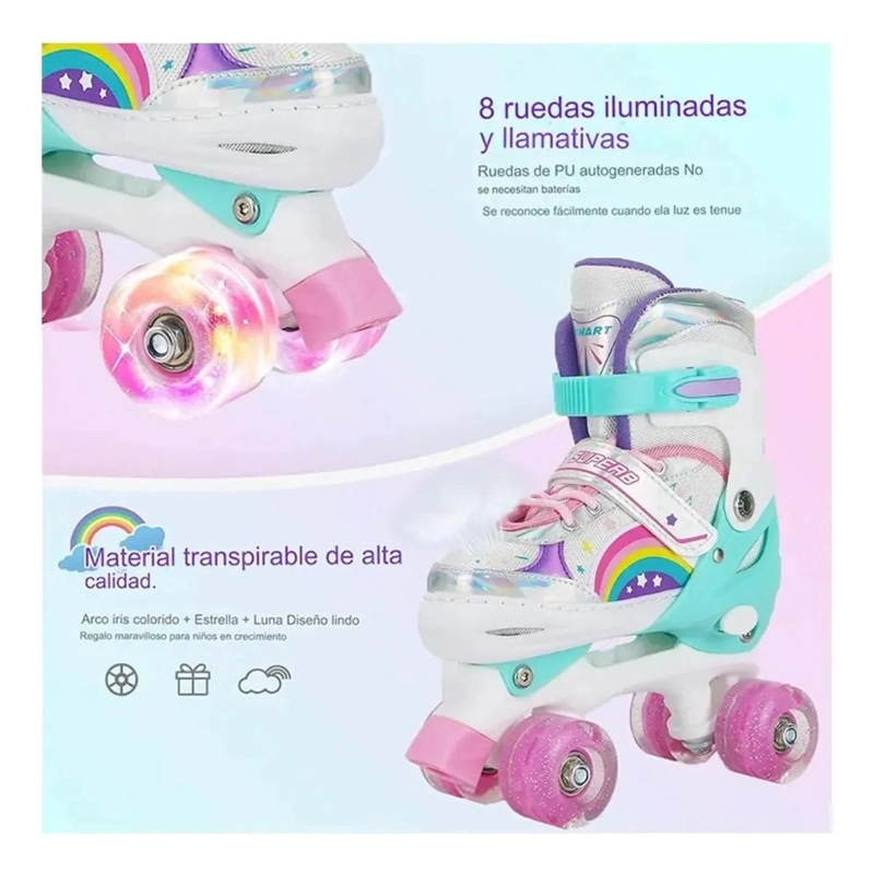 PATINES 4 RUEDAS LED AJUSTABLE PARA NIÑAS ARCOIRIS TURQUEZA - 6