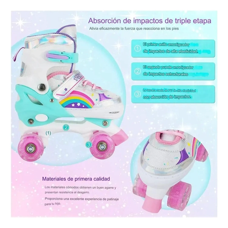 PATINES 4 RUEDAS LED AJUSTABLE PARA NIÑAS ARCOIRIS TURQUEZA - 7