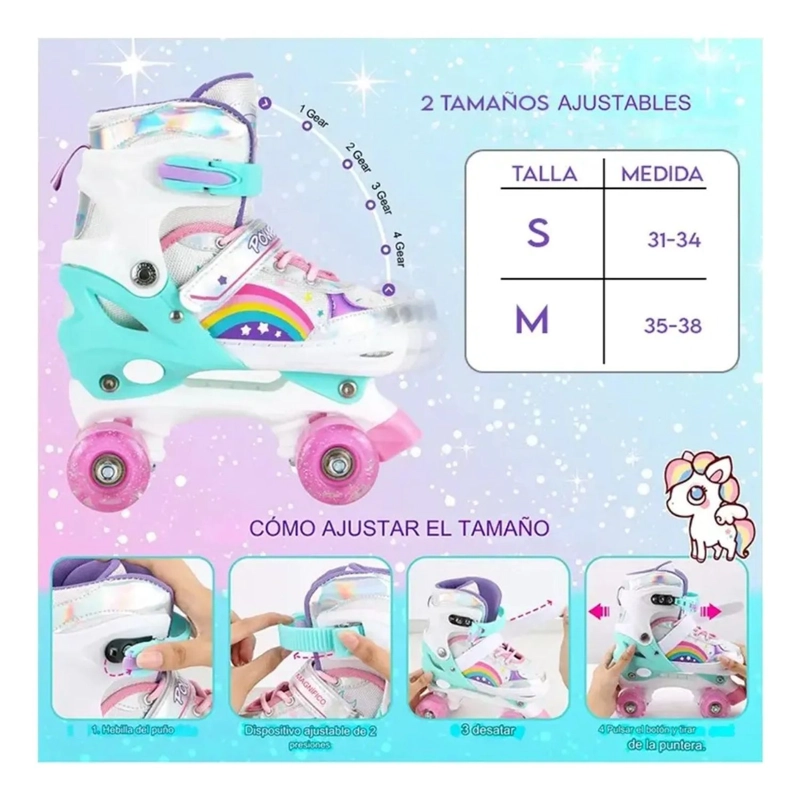 PATINES 4 RUEDAS LED AJUSTABLE PARA NIÑAS ARCOIRIS TURQUEZA - 8