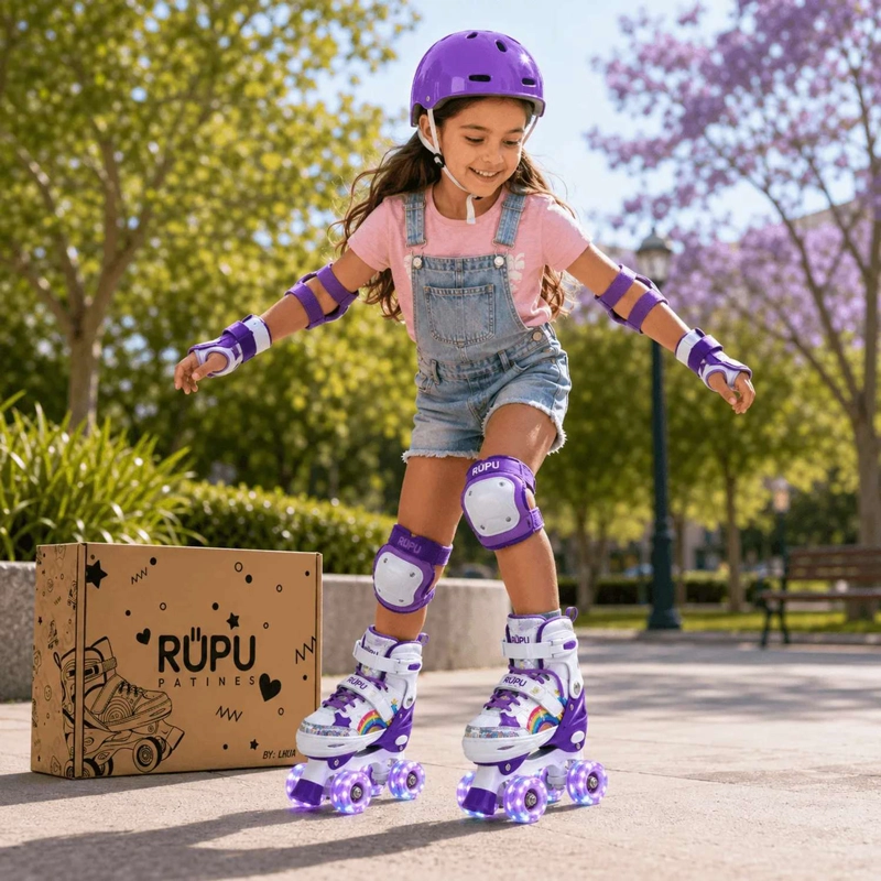 PATINES 4 RUEDAS LED AJUSTABLE PARA NIÑAS ARCOIRIS MORADO - 2