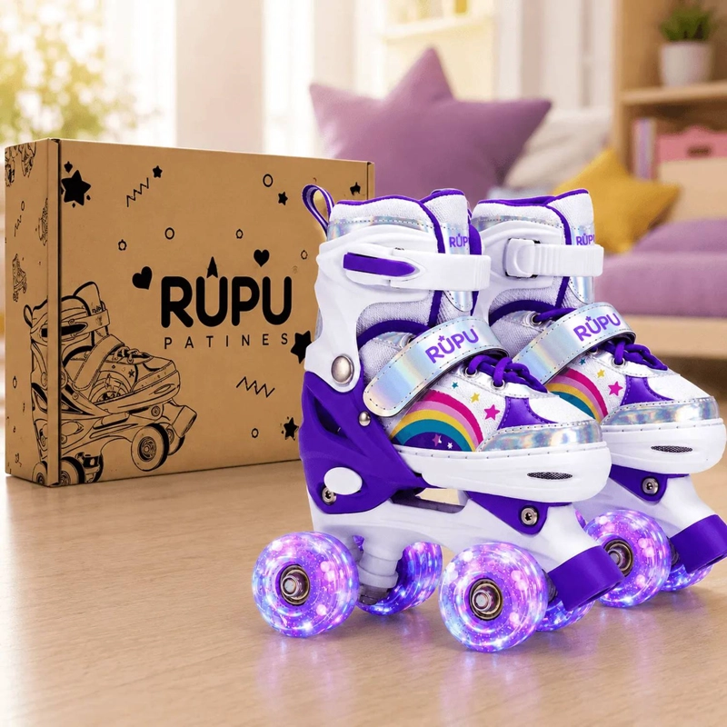 PATINES 4 RUEDAS LED AJUSTABLE PARA NIÑAS ARCOIRIS MORADO - 3