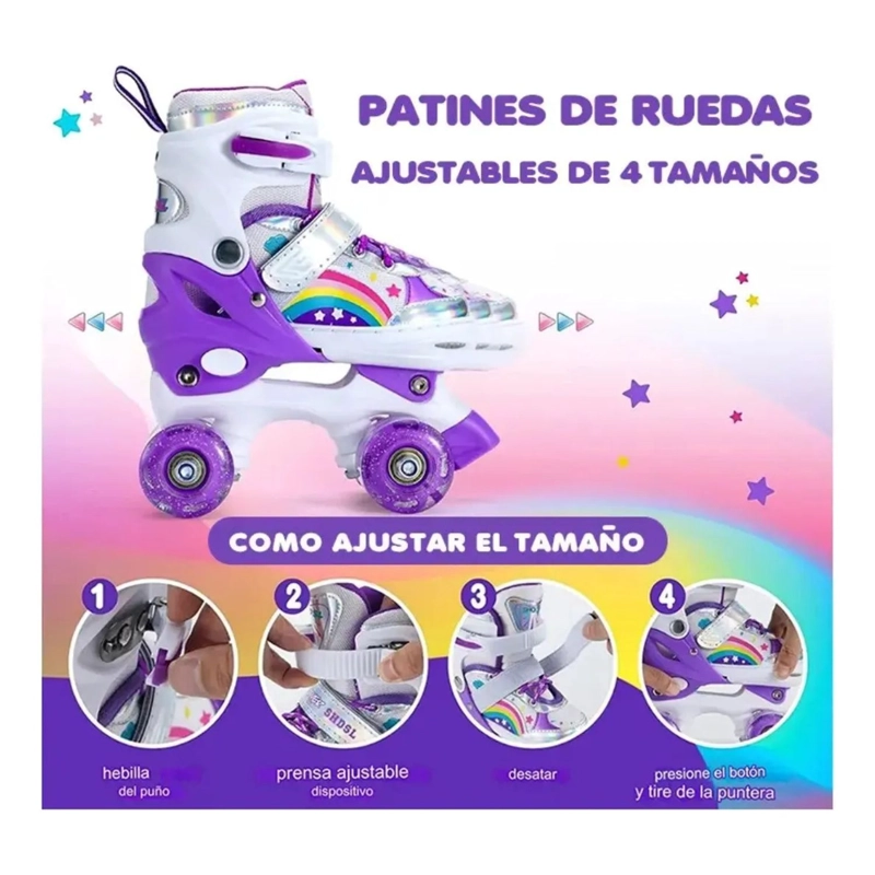 PATINES 4 RUEDAS LED AJUSTABLE PARA NIÑAS ARCOIRIS MORADO - 8