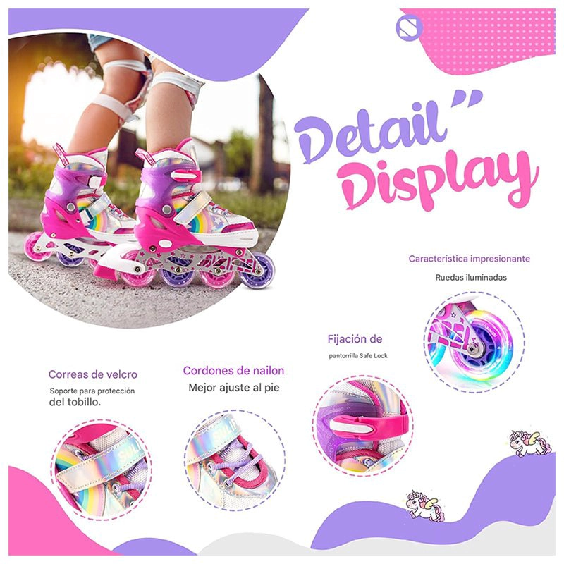 PATINES EN LINEA NIÑAS ROLLER AJUSTABLE ARCOIRIS ROSADO RUEDAS LED - 3