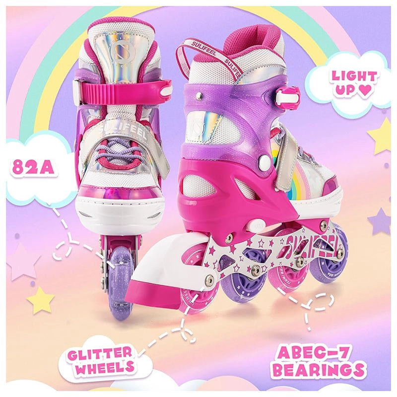 PATINES EN LINEA NIÑAS ROLLER AJUSTABLE ARCOIRIS ROSADO RUEDAS LED - 4