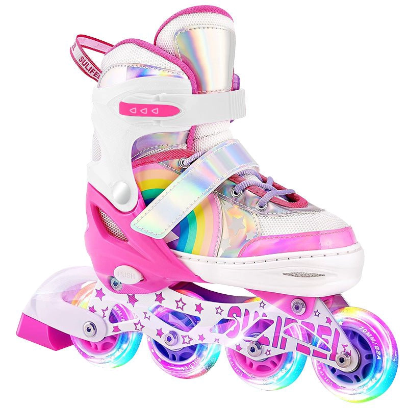 PATINES EN LINEA NIÑAS ROLLER AJUSTABLE ARCOIRIS ROSADO RUEDAS LED - 7