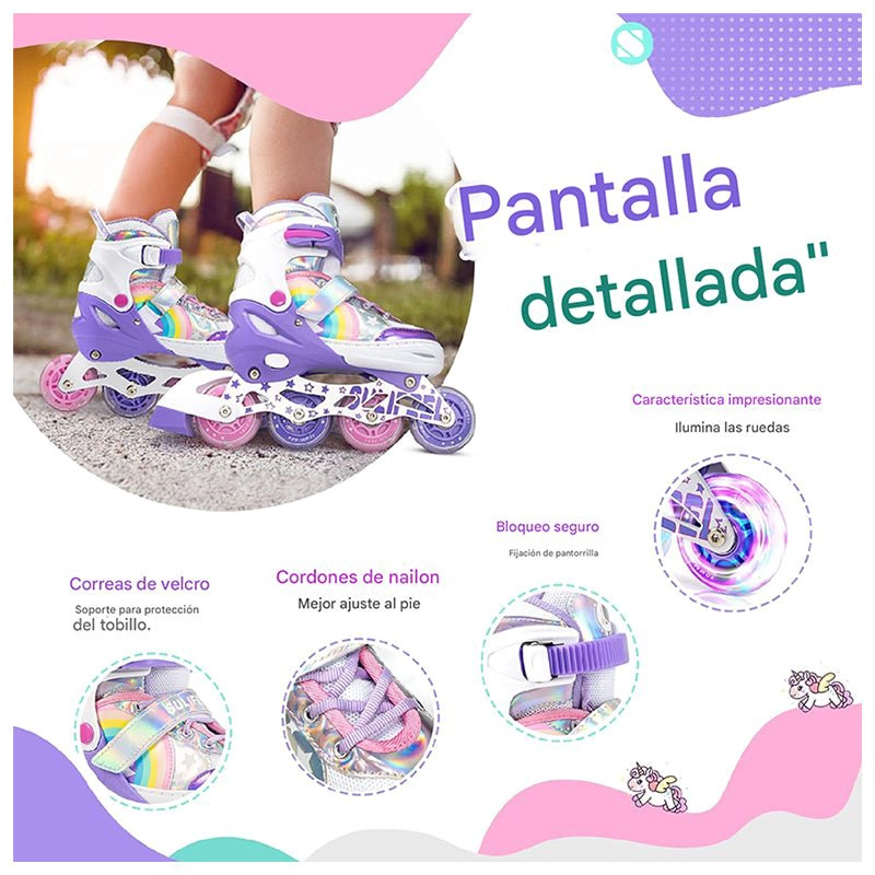 PATINES EN LINEA NIÑAS ROLLER AJUSTABLE ARCOIRIS VIOLETA RUEDAS LED - 5