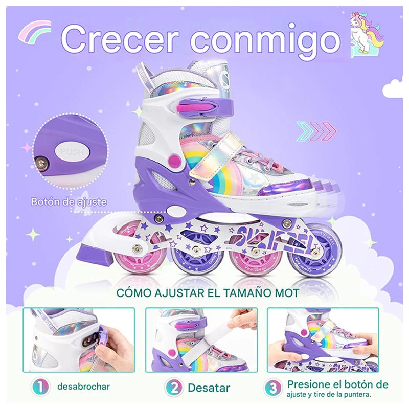 PATINES EN LINEA NIÑAS ROLLER AJUSTABLE ARCOIRIS VIOLETA RUEDAS LED - 6