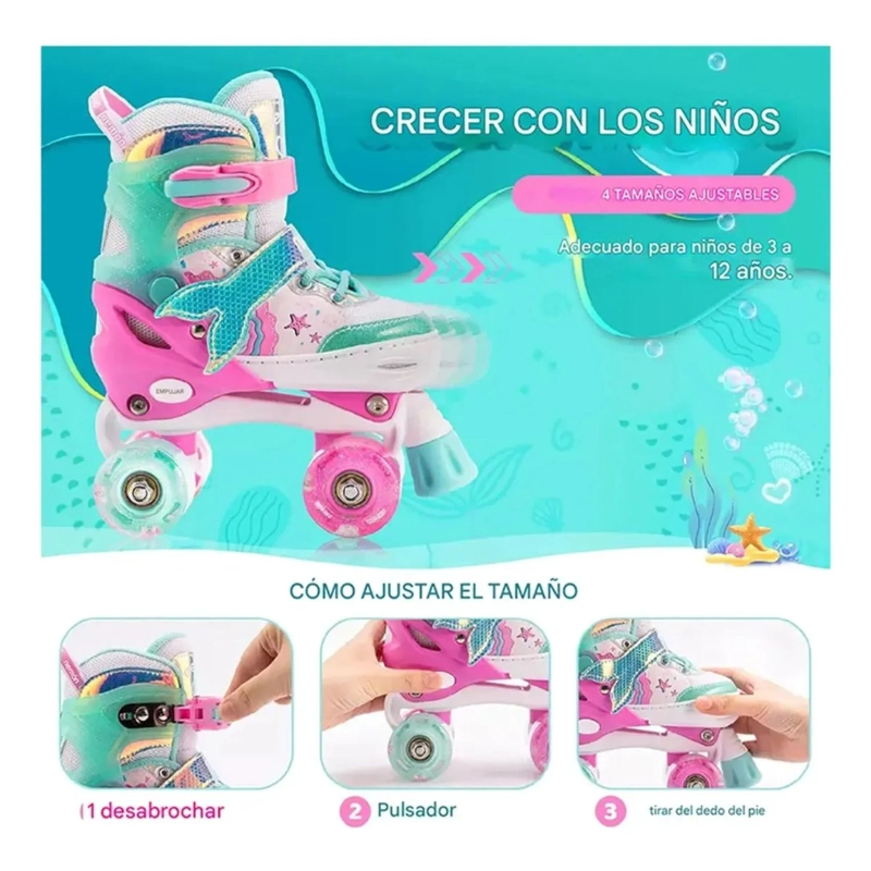 PATINES 4 RUEDAS LED RUPU NIÑAS AJUSTABLE SIRENA AQUAGREEN - 5