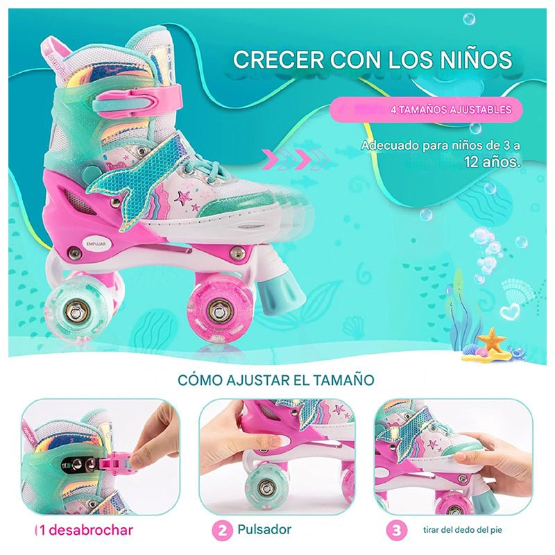 PATINES 4 RUEDAS LED RUPU NIÑAS AJUSTABLE SIRENA AQUAGREEN - 3